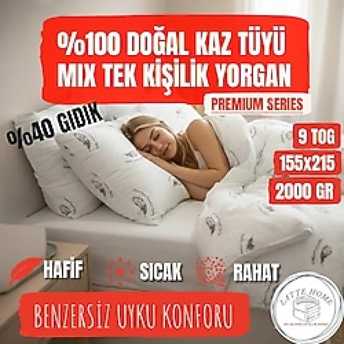 Latte Home %100 Doğal Kaz Tüyü Mix Tek Kişilik Yorgan (155x215) - Premium Series, 9 TOG, 2000gr Özel Üretim - 155 x 215 cm - Beyaz