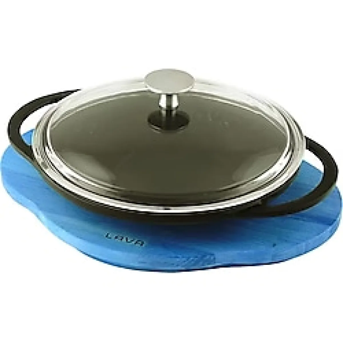 Lava Döküm Saç Kavurma Tavası, Metal Kulplu, Cam kapaklı ve ahşap altlıklı. Çap(Ø)20cm.