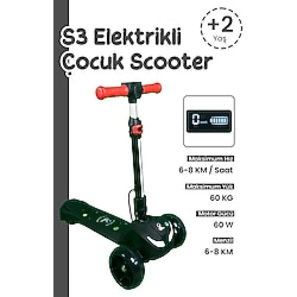 LED Işıklı Hoparlörlü 3 Tekerlekli Yükseklik Ayarlı Elektrikli Scooter - 60W - Siyah