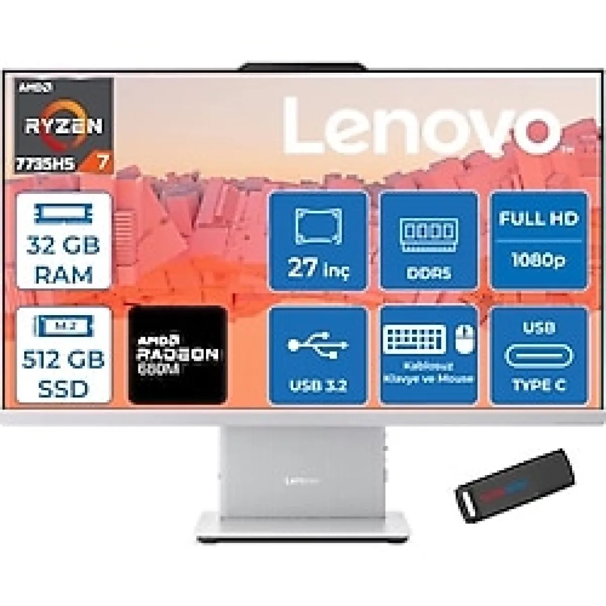 Lenovo Ideacentre Aıo 27ARR9 Amd Ryzen 7 7735HS 32GB Ddr5 512GB SSD Freedos Radeon 680M 27 Inç Fhd (1920X1080) IPS 300NITS Bulut Gri All In One Bilgisayar ICF0HQ008GTRF12 + Zetta Flash Bellek