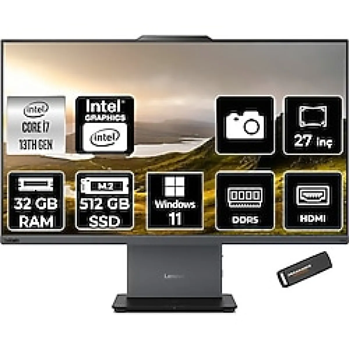 Lenovo Thinkcentre Neo 50A Gen 5 Intel Core I7 13620H 32GB 512GB SSD 27" Fhd Windows 11 Home All In One Bilgisayar & Per4 USB Bellek 12SA000RTRP357