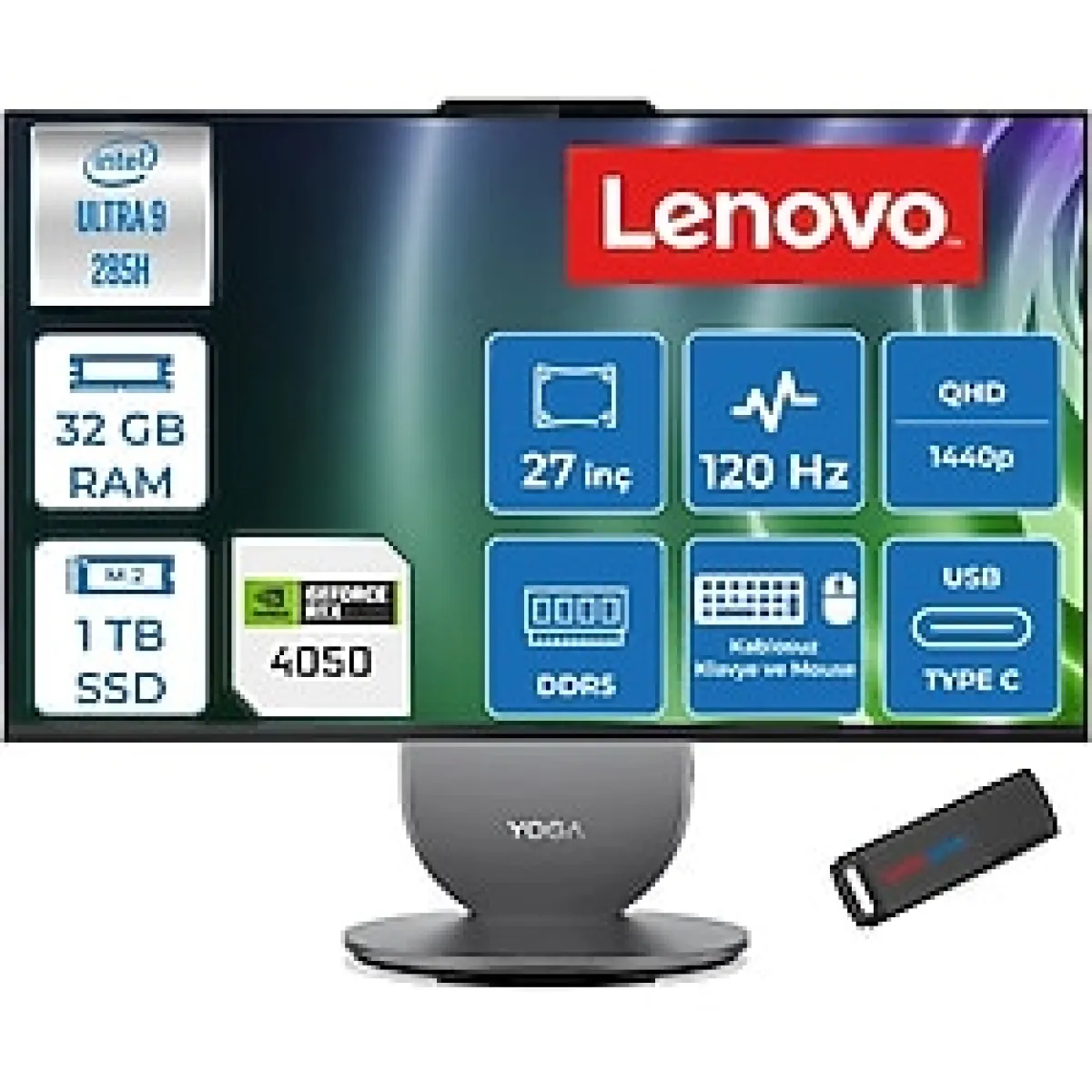 Lenovo Yoga Aıo Core Ultra 9 285H 5.4ghz 32GB 1tb SSD 6GB/RTX4050 27" Qhd (2560X1440) IPS 400NITS 120hz Windows 11 Home All In One Bilgisayar 27AIH1050H10 + Zettausb
