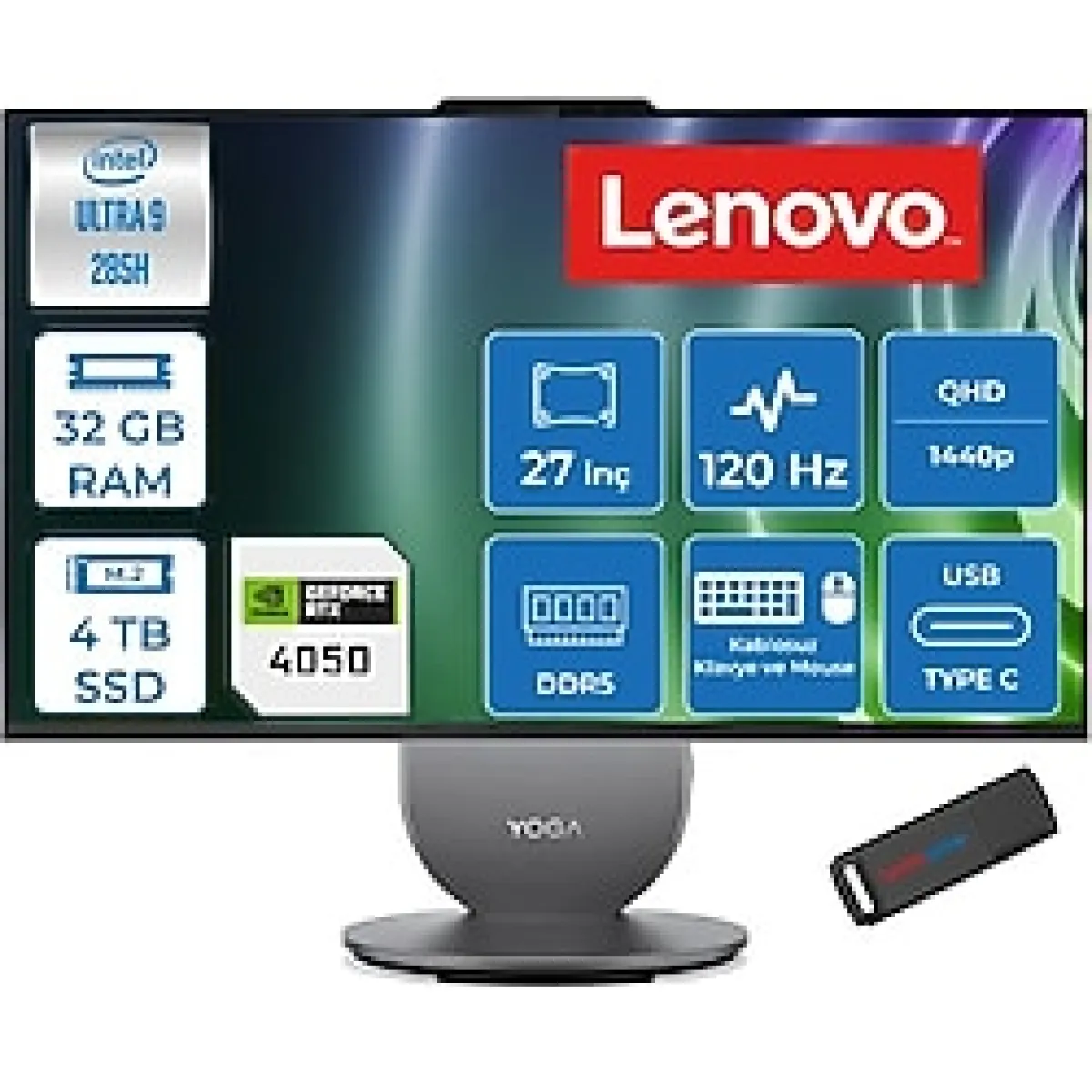 Lenovo Yoga Aıo Core Ultra 9 285H 5.4ghz 32GB 4tb SSD 6GB/RTX4050 27" Qhd (2560X1440) IPS 400NITS 120hz Windows 11 Pro All In One Bilgisayar 27AIH1050P12 + Zettausb