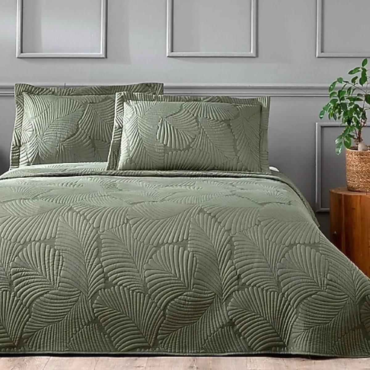 Linens Leaf Yeşil Çift Kişilik Yatak Örtüsü Takımı
