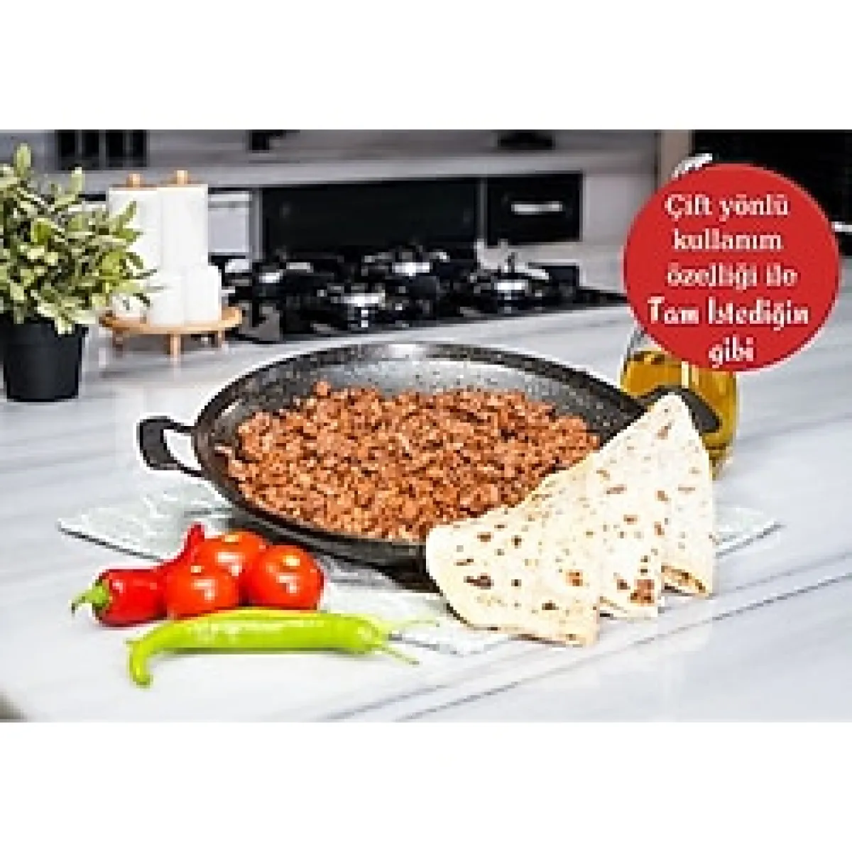 Lines Çok Amaçlı Granit Pişirme Tavası - Çift Yönlü Döküm Sac Kavurma Gözleme Tavası - Siyah