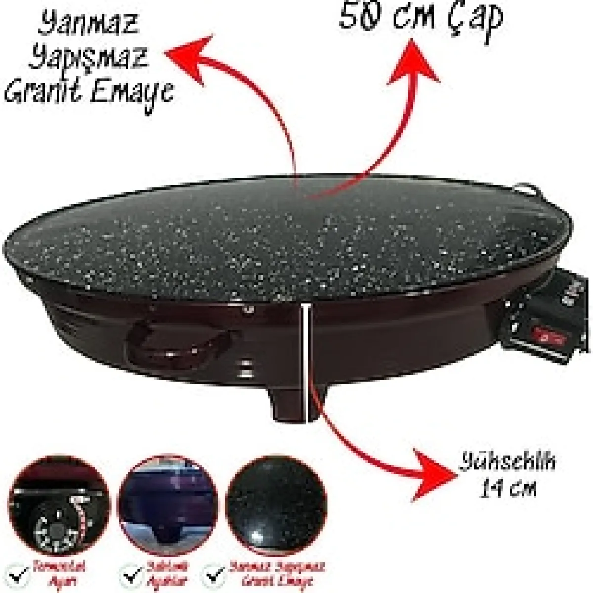 Lüks Termostatlı 50 cm Katmer Sacı, Gözleme Tavası - Emaye Gövde, Ayarlanabilir Sıcaklık, Enerji Tasarrufu