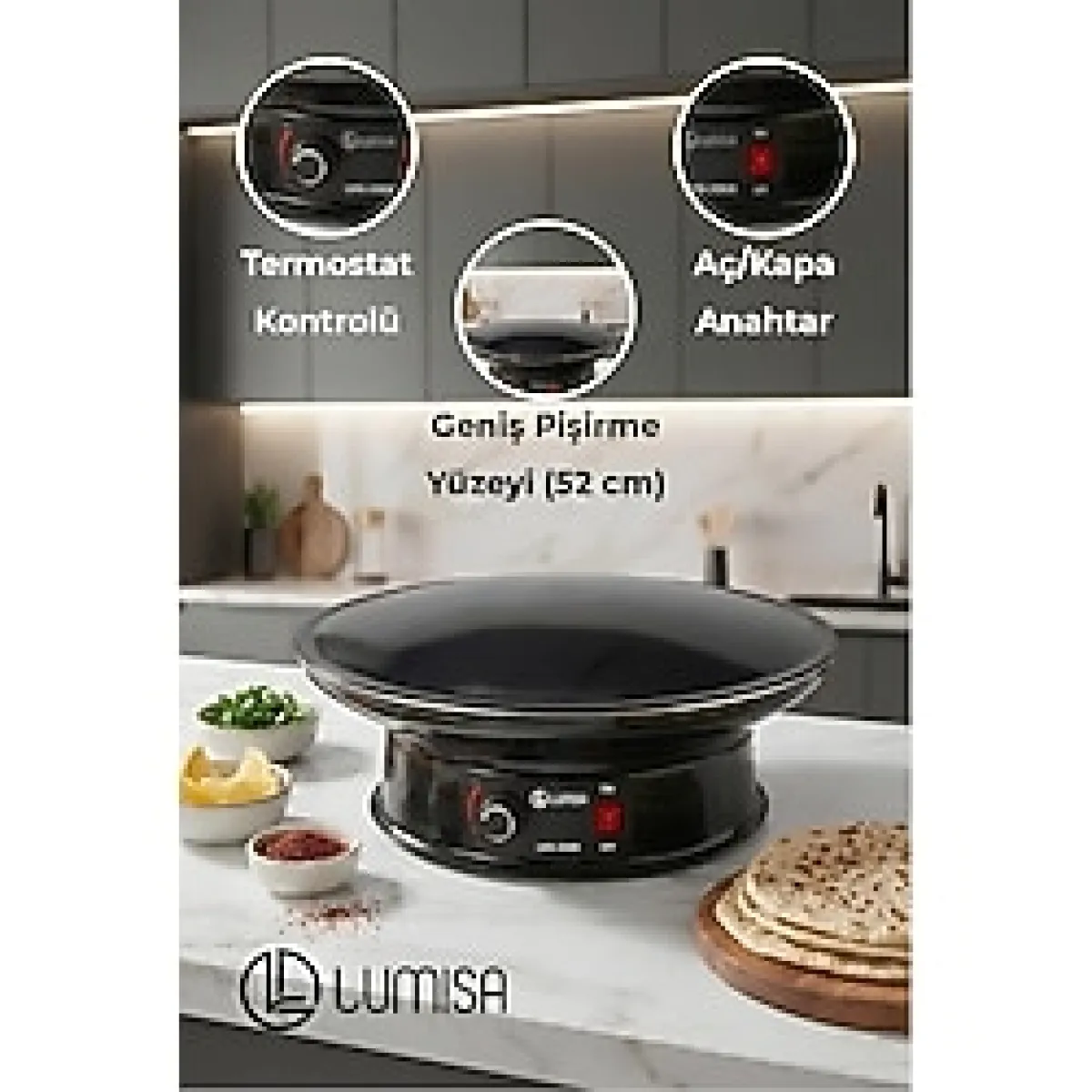 Lumisa Elektrikli Katmer ve Gözleme Sacı LKS-2000 Termostatlı Emaye Yüzeyli 55 CM Büyük Boy (1500 Watt)