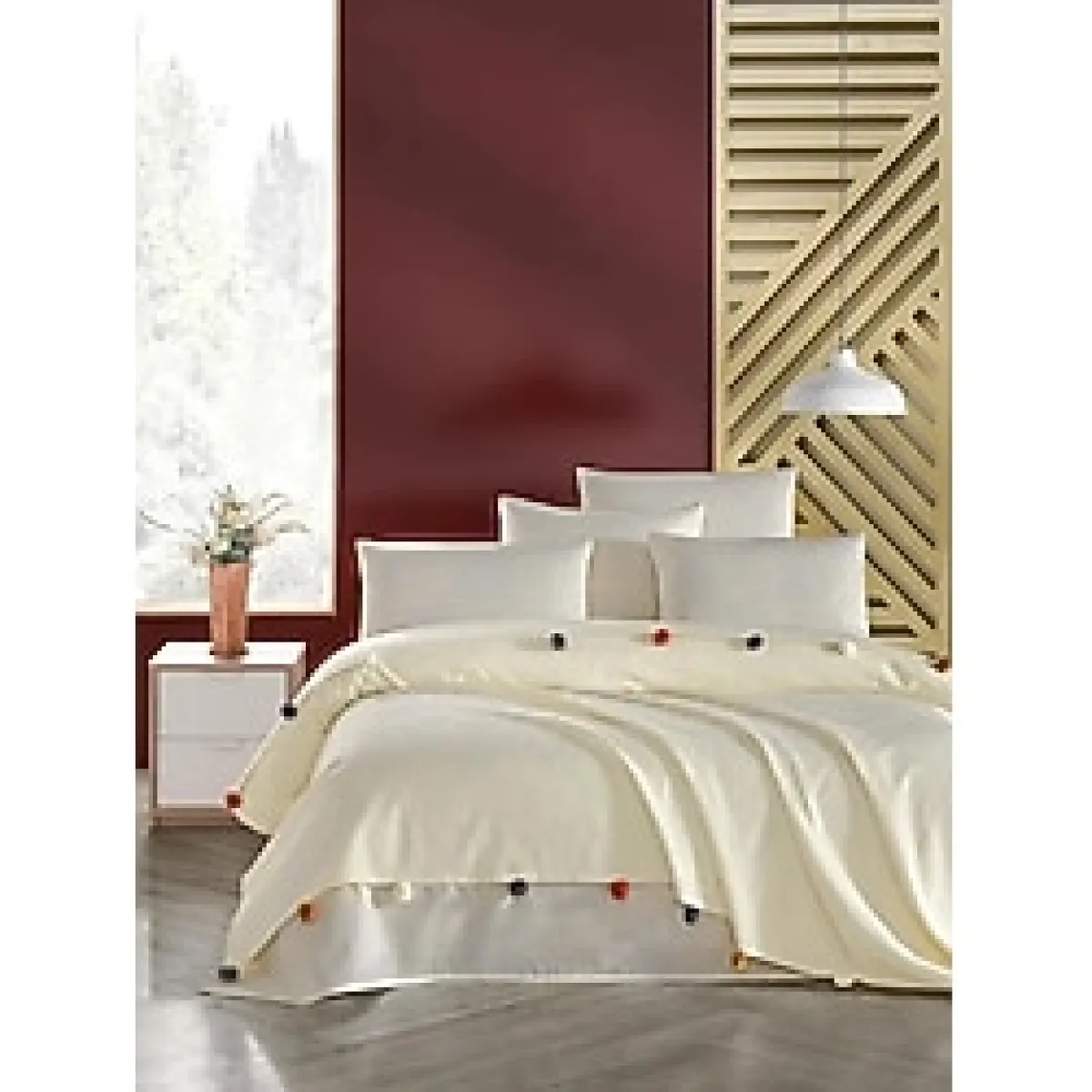 Madam Marica çift kişilik ponponlu kutulu pike takımı KREM