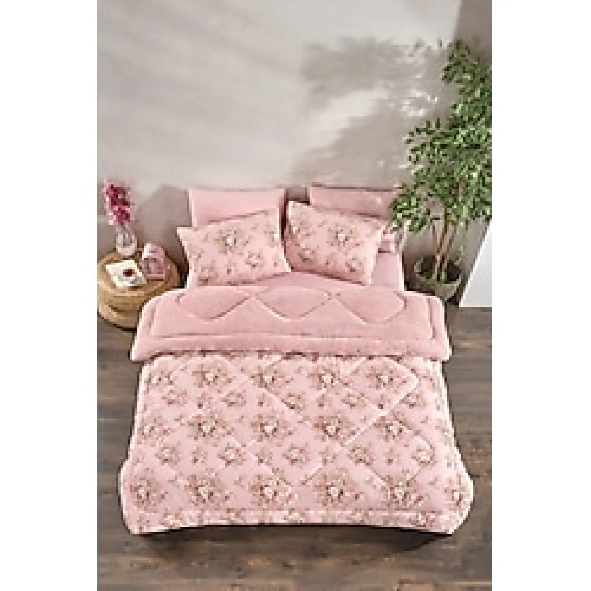 MARLA HOME Çift Kişilik Welsoft Yorgan Uyku Seti Lastikli Çarşaflı Pudra Rose