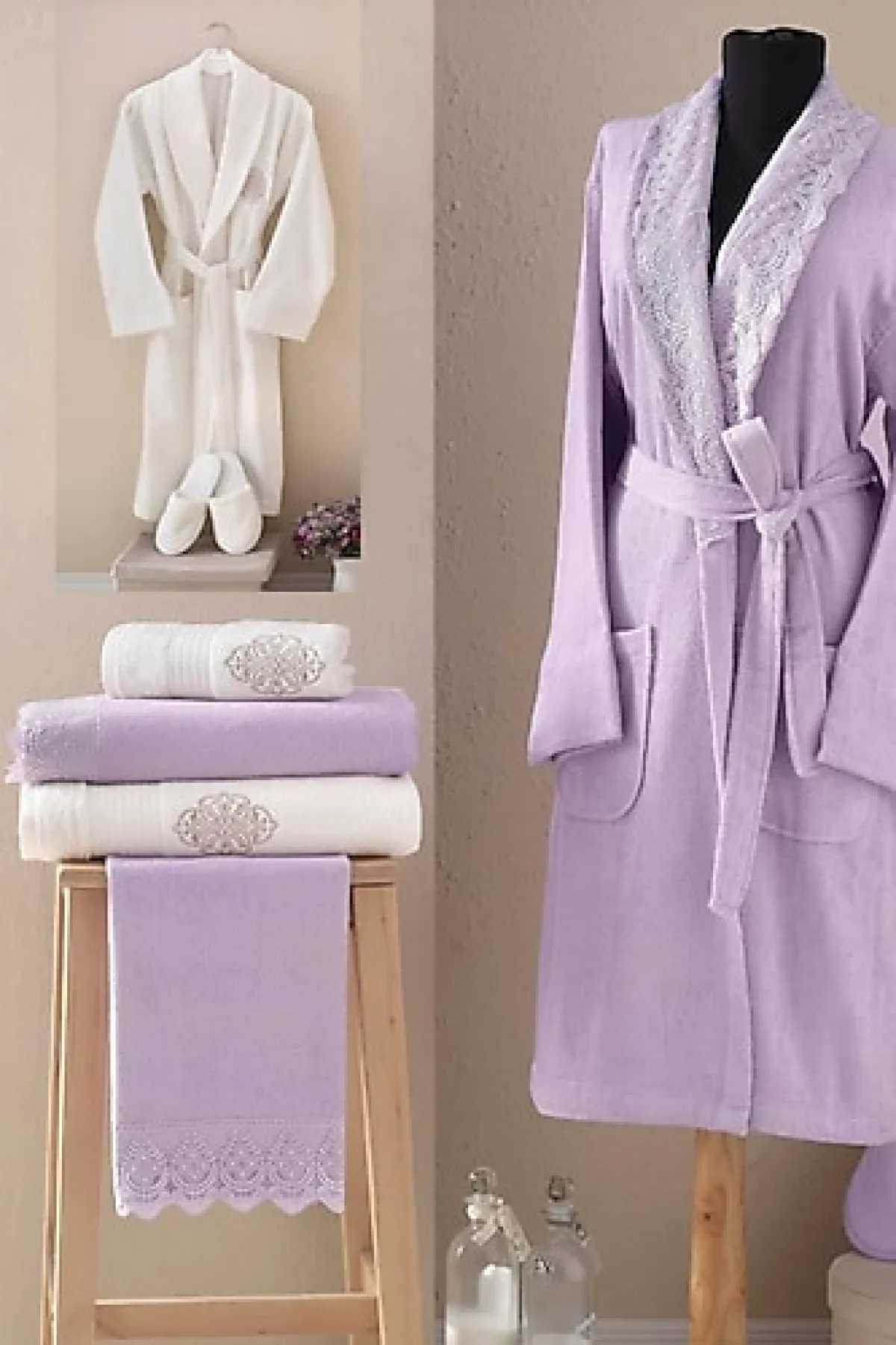 Maxstyle Bambu Ela Mürdüm Krem Aile Seti