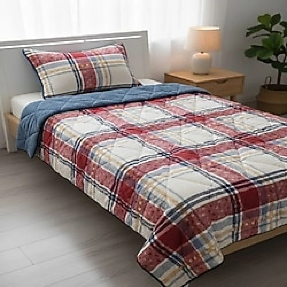 Merinos Comforter Tek Kişilik Yorgan Set Yastıklı 160 x 240 Kırmızı - Ekru - 160 x 240 cm - Kırmızı - Mavi