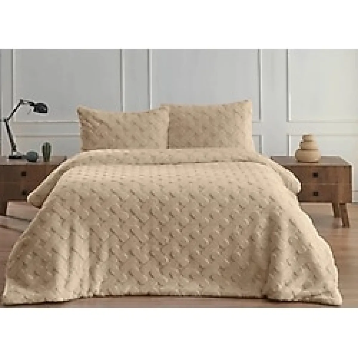 Merinos Diamond Çift Kişilik Yatak Örtüsü Peluş Kürk Yumuşak Comforter Yorgan Seti - Bej - 220 x 240 cm