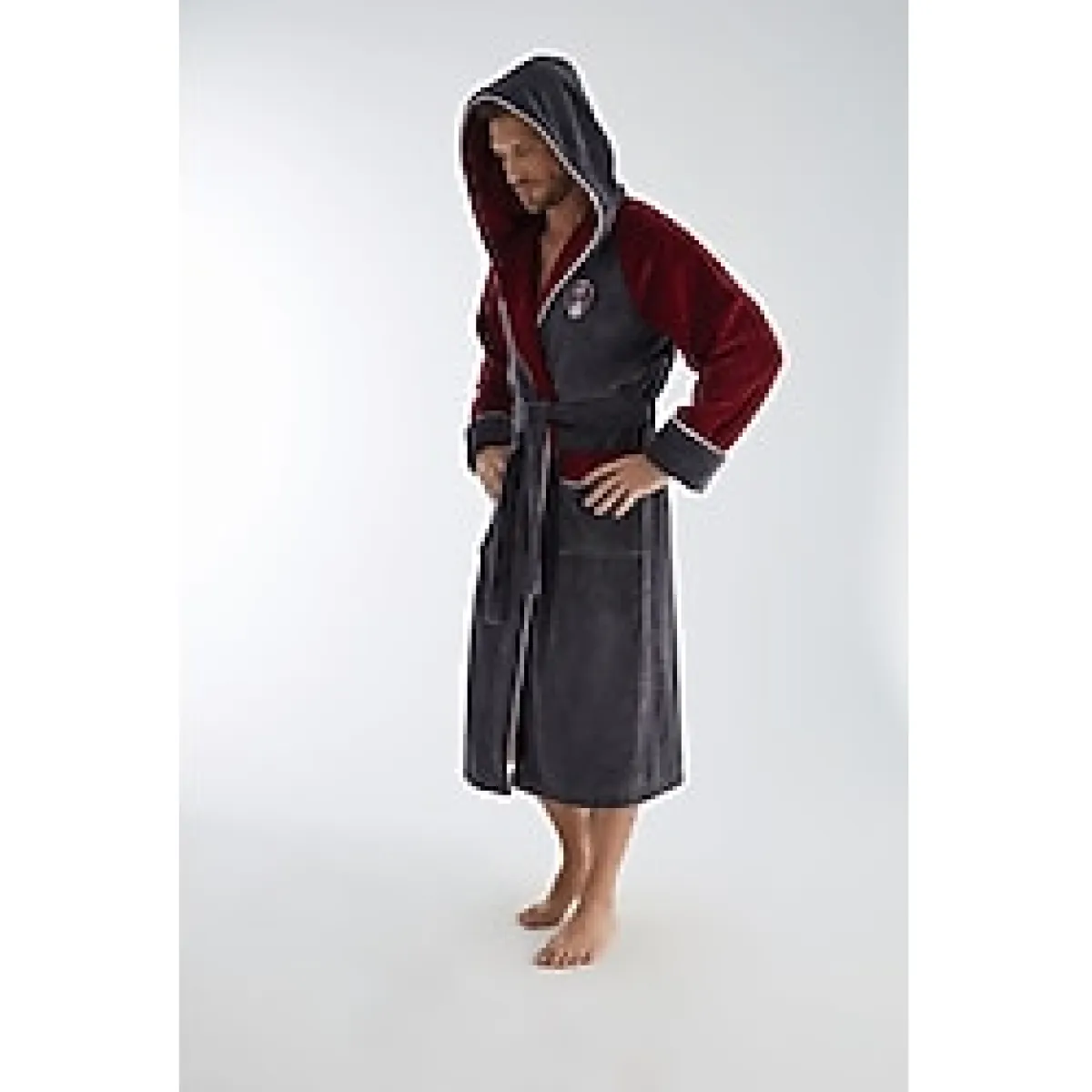 Nuşa Antrasit Bordo Yaka Nakışlı Bambu Pamuk Erkek Bornozu