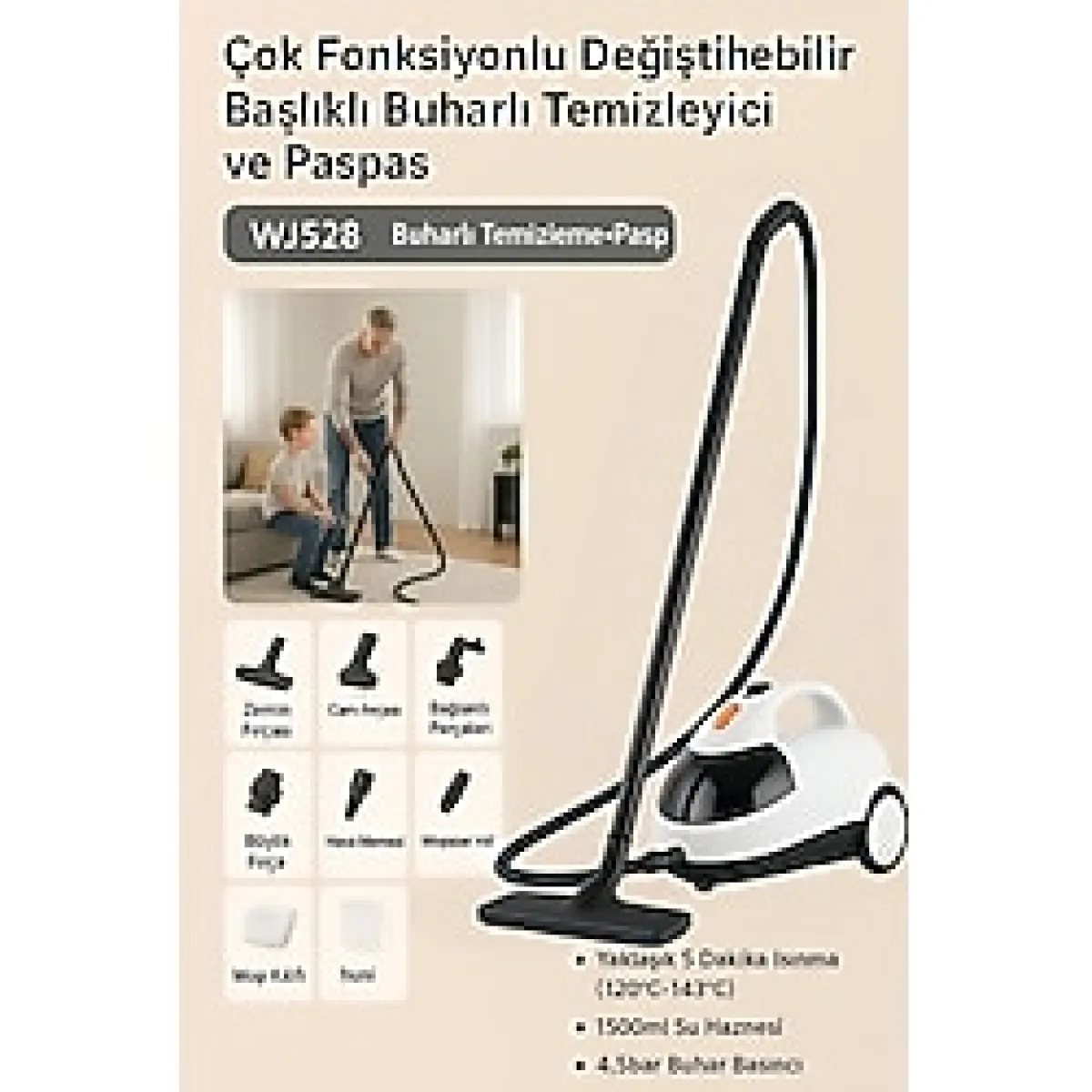 Okaoda Çok Fonksiyonlu Buharlı Temizlik Makinası Dezenfeksiyon, Paspaslama, Ütüleme, Pencere Temizliği - 1BW-Beyaz