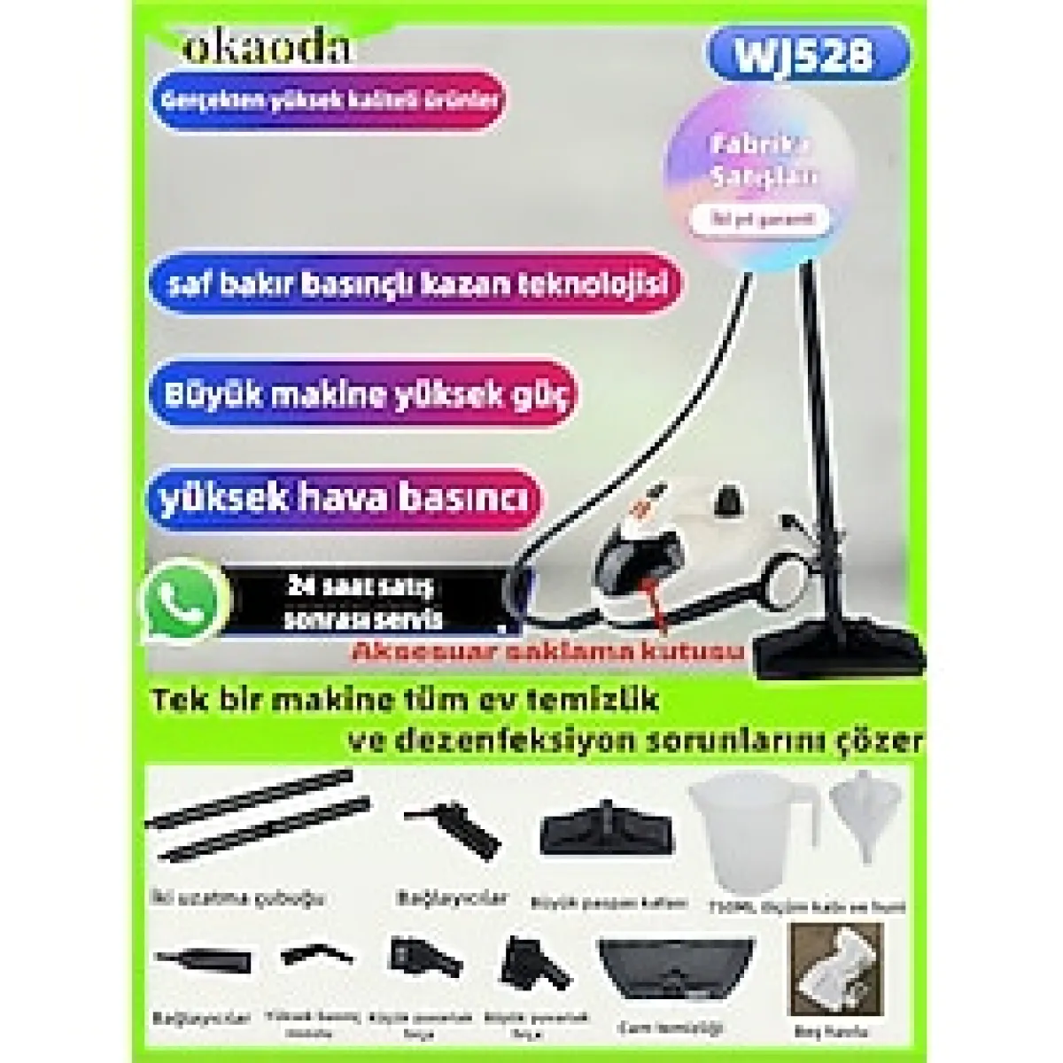 okaoda Çok Fonksiyonlu Buharlı Temizlik Makinası Dezenfeksiyon, Paspaslama, Ütüleme, Pencere Temizliği