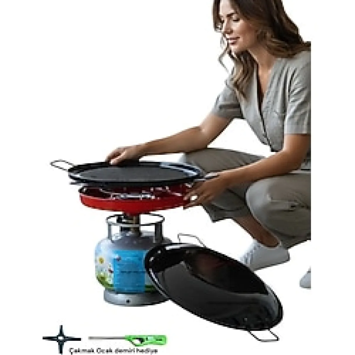 Orcamp Çok amaçlı küçük tüp mangal ızgara sac ocak kavurma gözleme et balık dumansız piknik tüpü sacı 40cm