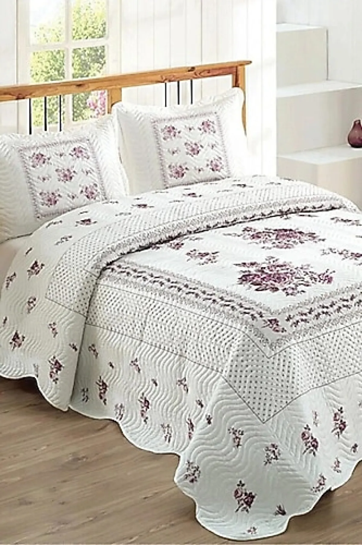 Örtüm Flower Pembe Kapitone Çift Kişilik Yatak Örtüsü Takımı