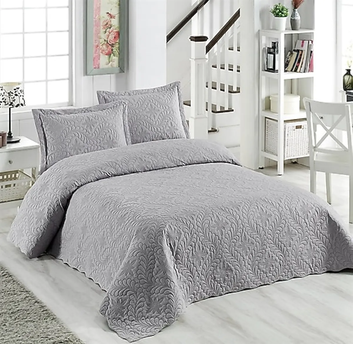 Örtüm Ivy Gri Çift Kişilik Yatak Örtüsü Takımı