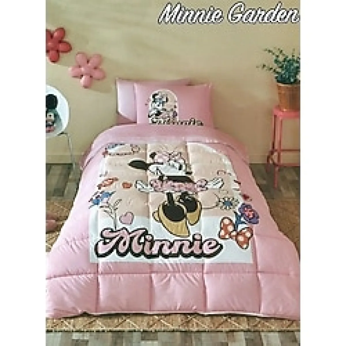 Özdilek Lastikli Çarşaflı Lisanslı Tek Kişilik Çocuk Uyku Seti-Minnie Mouse Garden Pembe - 155 x 215