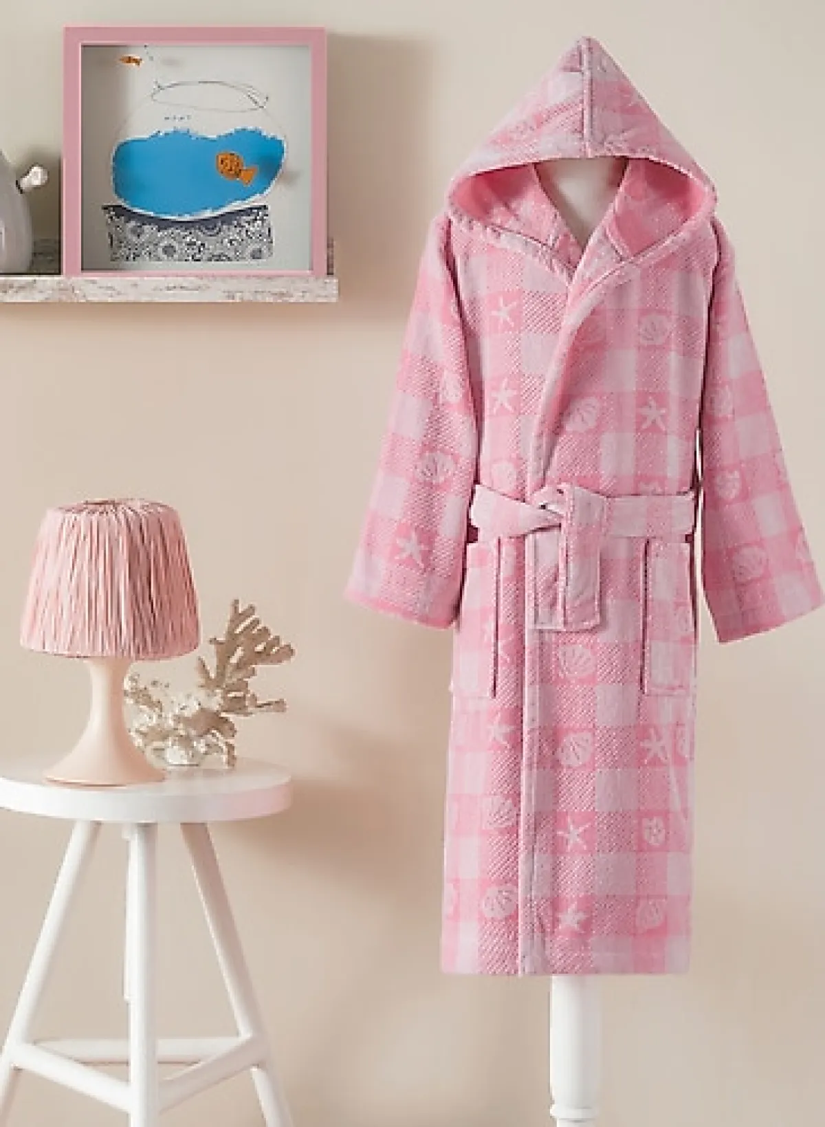 Özdilek Shell Plaid Kadife Kapüşonlu Çocuk Bornoz