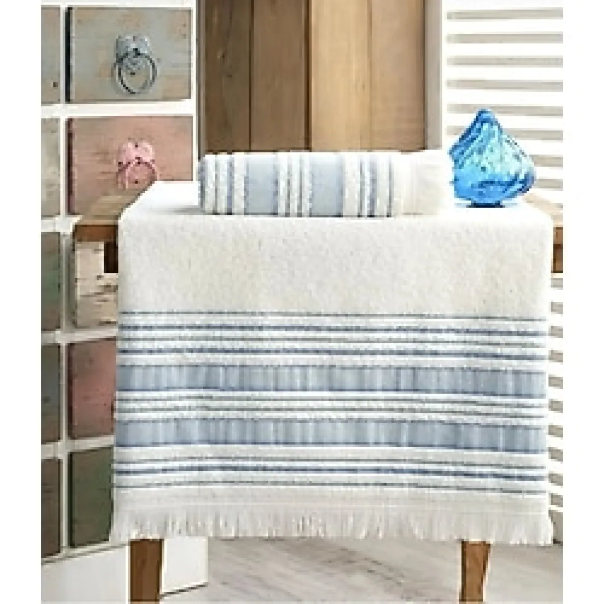 Pamuklu 2'li Banyo Havlu Seti Hamamtakımı Seti Günlük Çeyizlik Banyo Havlusu (70X140-50X90) - Mavi - 70 x 140 cm