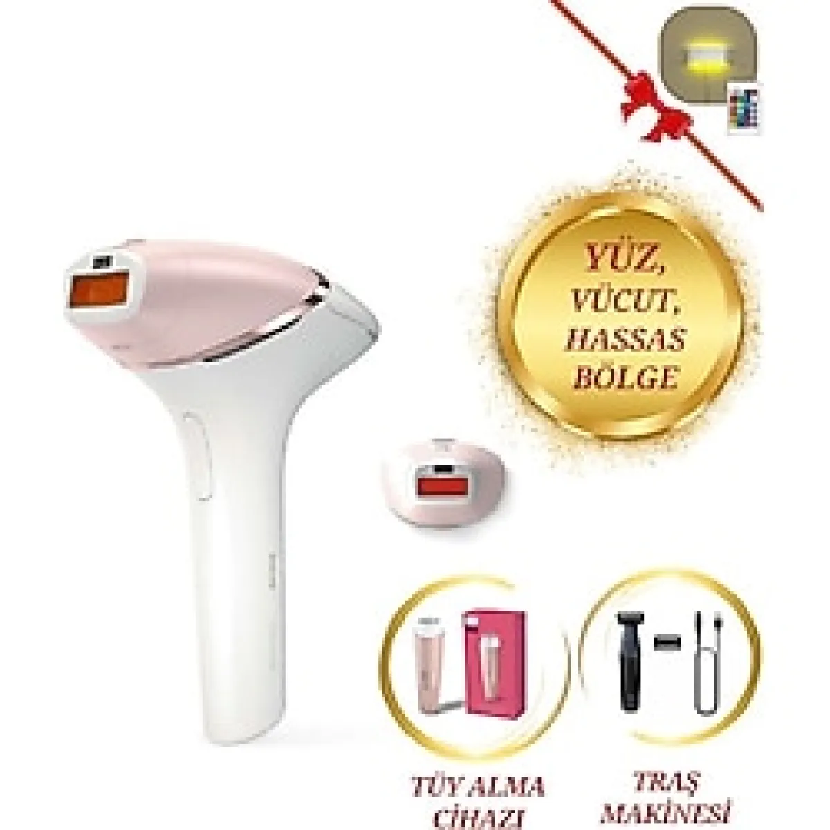 Philips Kablosuz Yüz ve Vücüt 2 Başlık + Çanta Lazer Epilasyon + Tüy Alma Cihazı, Traş Makinesi Full Set , Luciole Lambader Hediye - Altın