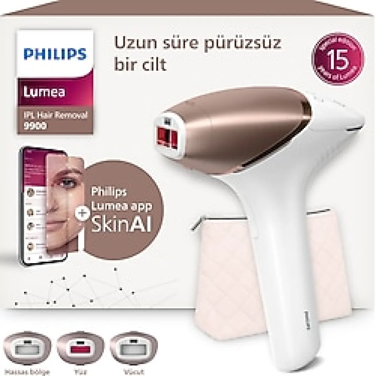 Philips Lumea 9900 Serisi BRI953/01 IPL Tüy Alma, SkinAI Uygulama,Vücut,Yüz ve Bikini,3 Başlık,Çanta beyaz