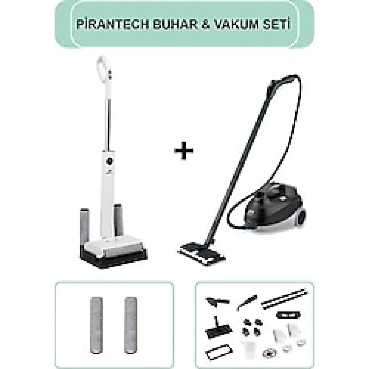 Pirantech M-210 Şarjlı Islak & Kuru Zemin Temizleyici & CB-107C Çok Fonksiyonlu Buharlı Temizlik Makinası - Siyah