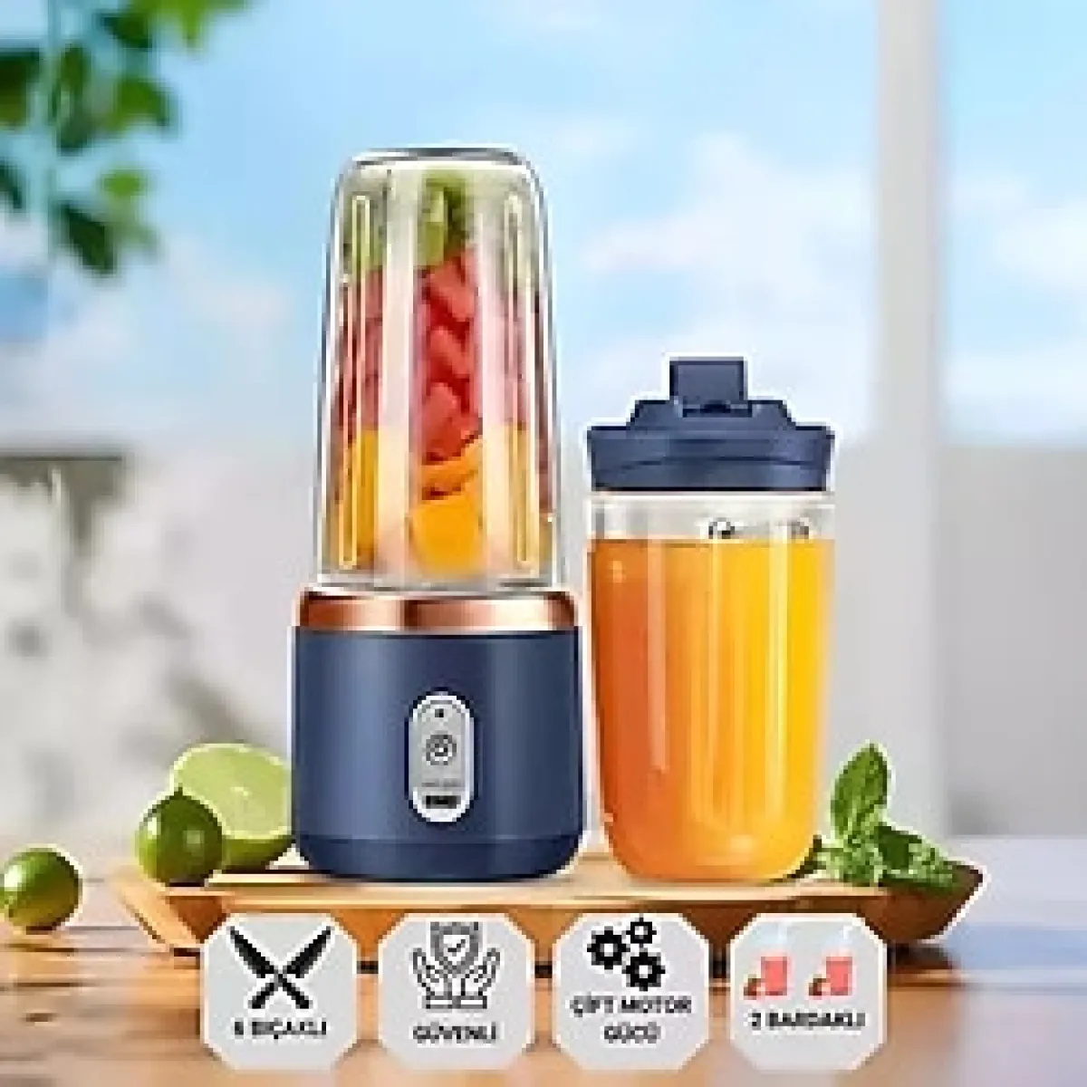 Polham 2 Bardaklı 6 Bıçaklı Çift Motorlu Ultra Güçlü Şarjlı Taşınabilir Smoothie Blender, Detoks Hazırlama Mikseri