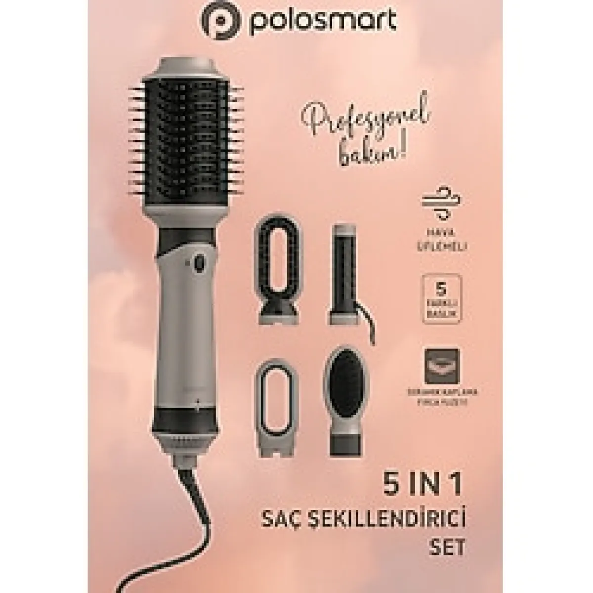 Polosmart Çok fonksiyonlu hava üflemeli seramik saç şekillendirici set, 5 başlık, gri renk