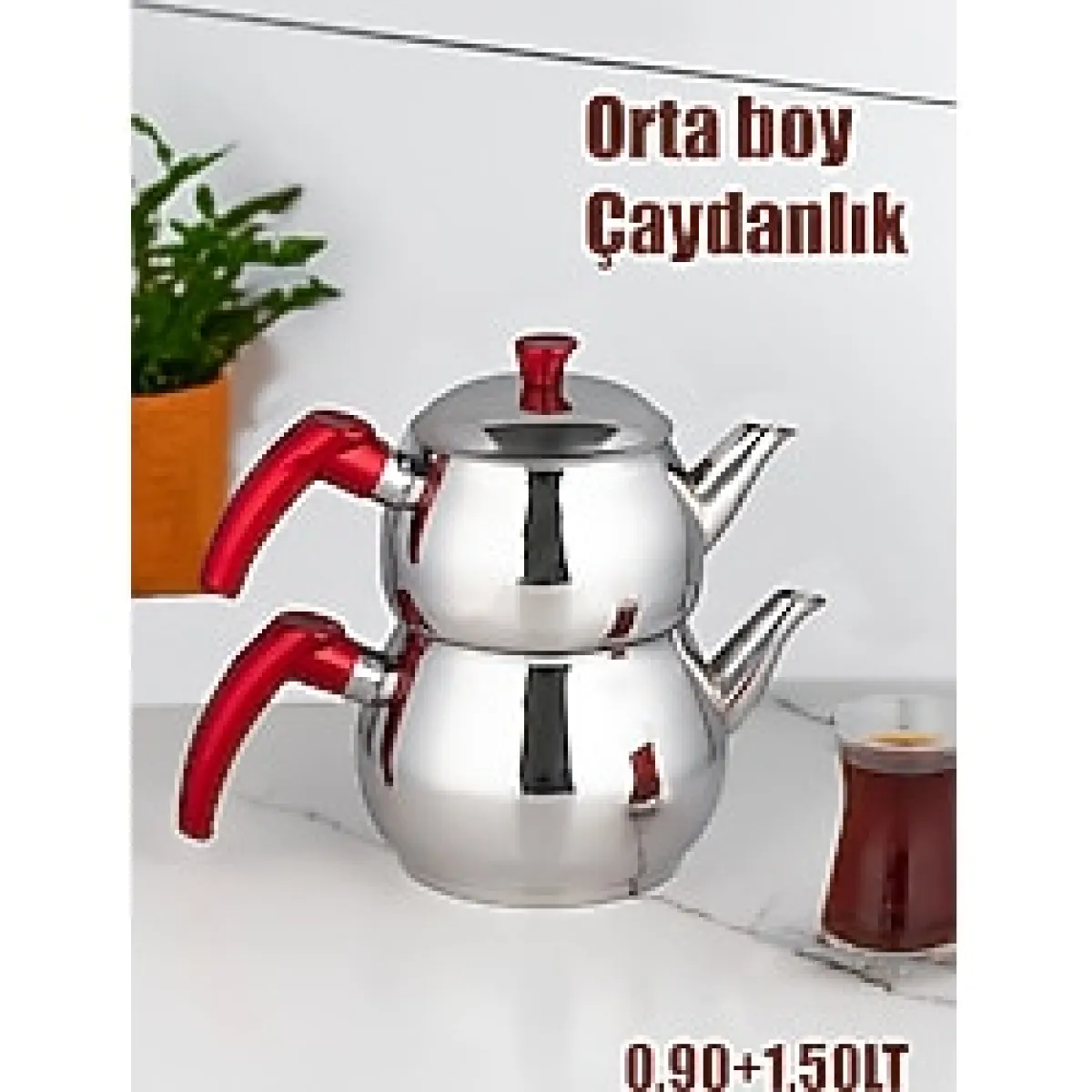 Porsima 3No Dayanıklı Orta Boy Paslanmaz Çelik Çaydanlık 0.90+1.50Lt Çaydanlık Takımı