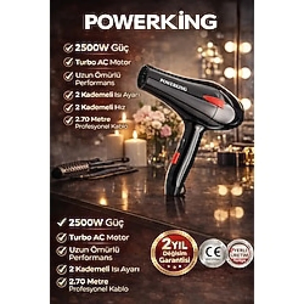 POWERKİNG 2500 WTTProfesyonel Fön Makinesi Kuaförlerin Tercihi 2Yıl Garanti İyonik Saç şekillendirici Hairdrey