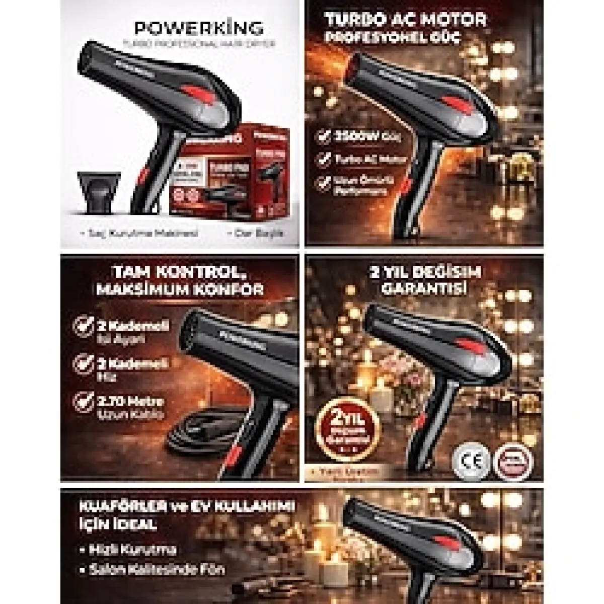 POWERKİNG 2500W Profesyonel Turbo Fön Makinası Saç Düzleştirici Şekillendirici Saç Kurutma Makinası