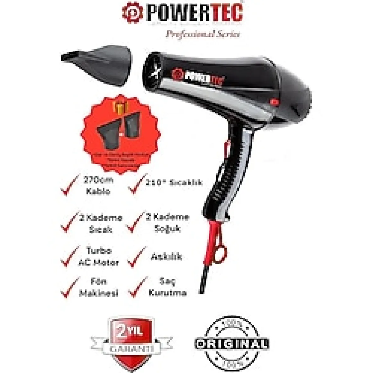 Powertec TR-901 Turbo Profesyonel 2500W Fön Makinesi & Saç Kurutma Makinesi siyah
