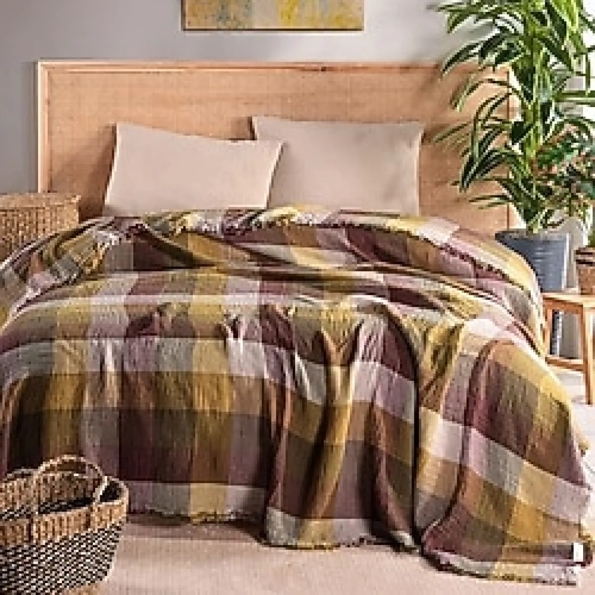 RAYME TEKSTIL Müslin Yatak Örtüsü Çift Kişilik Geniş Battal Boy 240x260 cm, 4 Katlı%100 Pamuk Yumuşak Boho Çizgili Yazlık Pike (Ekose Kahve Karışık)