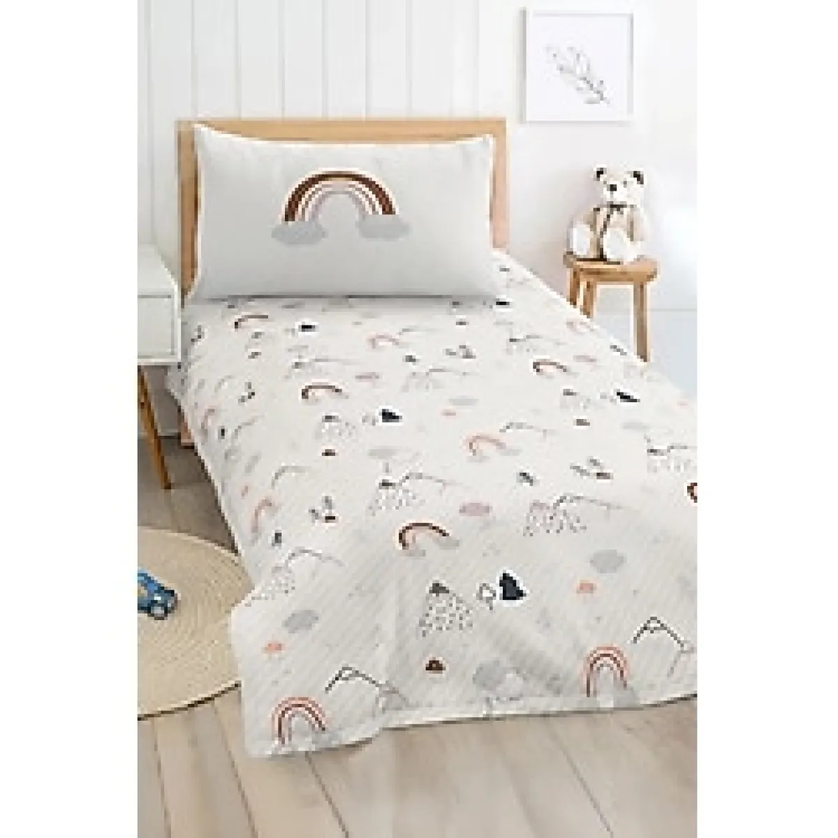 Realhomes Bulutlu Dağlar Ve Gökkuşağı Desenli Tek Kişilik Çocuk Ve Genç Odası Pike Takımı