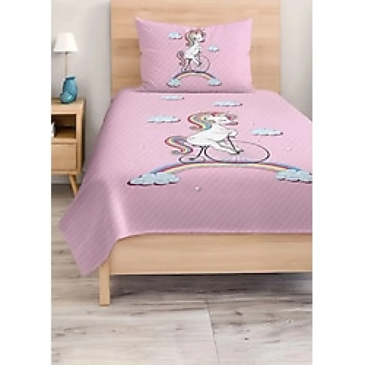 Realhomes Renkli Tek Tekerlekli Unicorn Desenli Çocuk Ve Genç Odası Pike Takımı Yatak Örtüsü