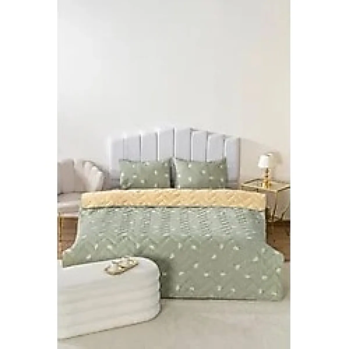 Rivaİstanbul Yeşil Papatya Çift Kişilik Pamuklu Kapitone Pike ve Yatak Örtüsü