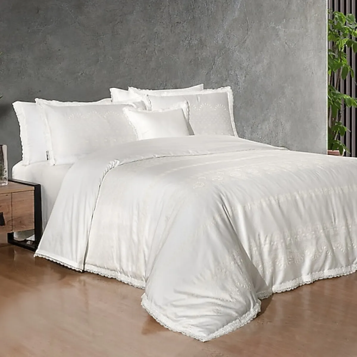 Sarev Perry Beyaz Pamuk Saten Çift Kişilik Nevresim Takımı