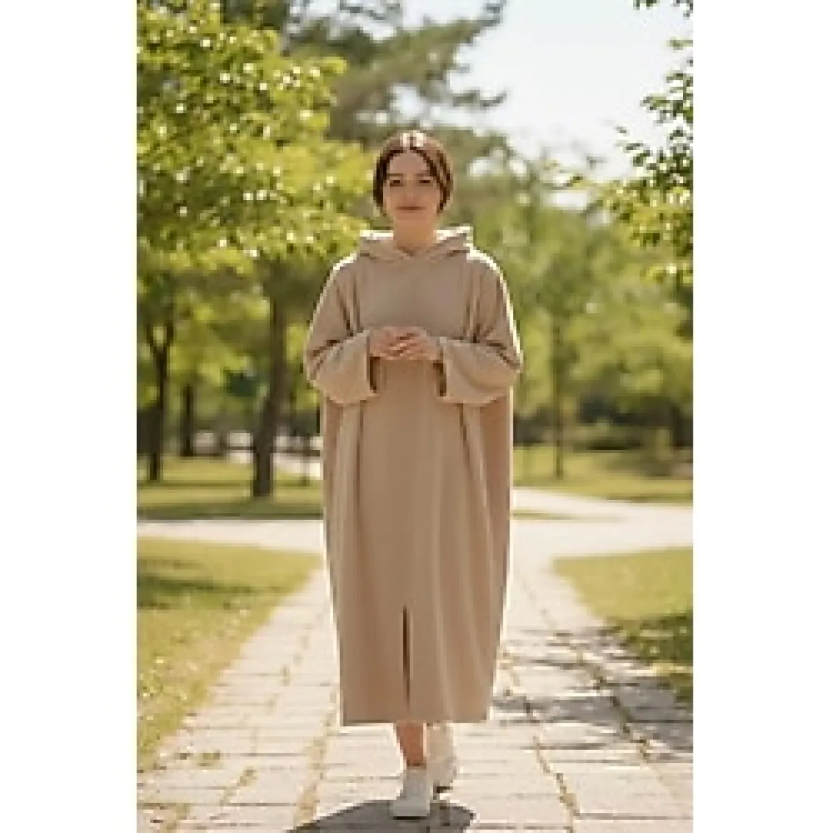 Serona Wellsoft Peluş Kapüşonlu Uzun Panço Yumuşak Dokulu Giyilebilir Tv Battaniyesi Bej S/M