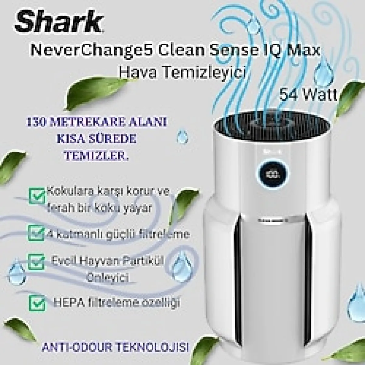 Shark Neverchange5 Clean Sense Iq Max Hava Temizleyici (130 M2 Alanı Tek Seferde Temizler ) - Açık Gri