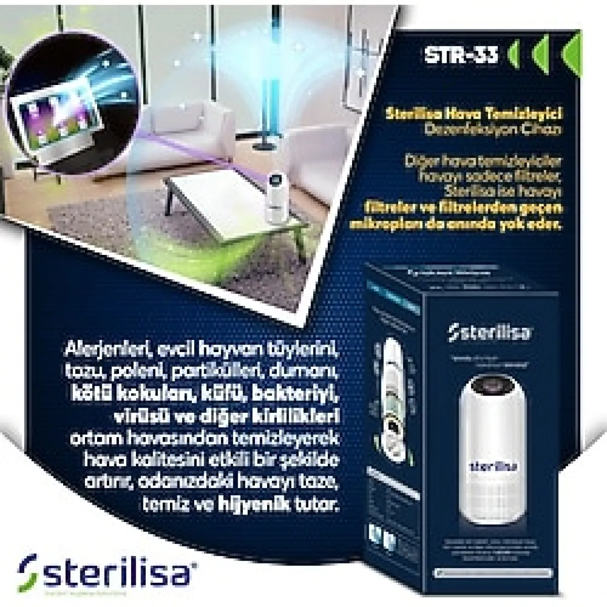 Sterilisa Hava Dezenfeksiyon, Sterilizasyon ve Temizleme Cihazı (%99.999 Virüs Küf, Maya, Mantarı Anında Temizler. Hayvan Tüyü, Polen ve Aerosolleri Temziler ve Kötü Kokuları Giderir.) - Beyaz - Gümüş
