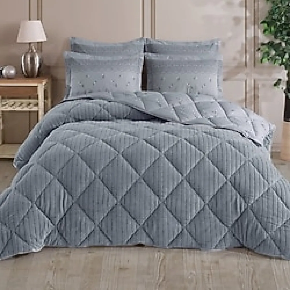 Striped Jakarlı Wellsoft Çift Kişilik Uyku Seti Lastikli Çarşaflı 4 Parça - Gri