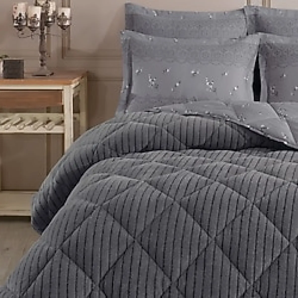 Striped Jakarlı Wellsoft Tek Kişilik Uyku Seti Lastikli Çarşaflı 3 Parça - Antrasit