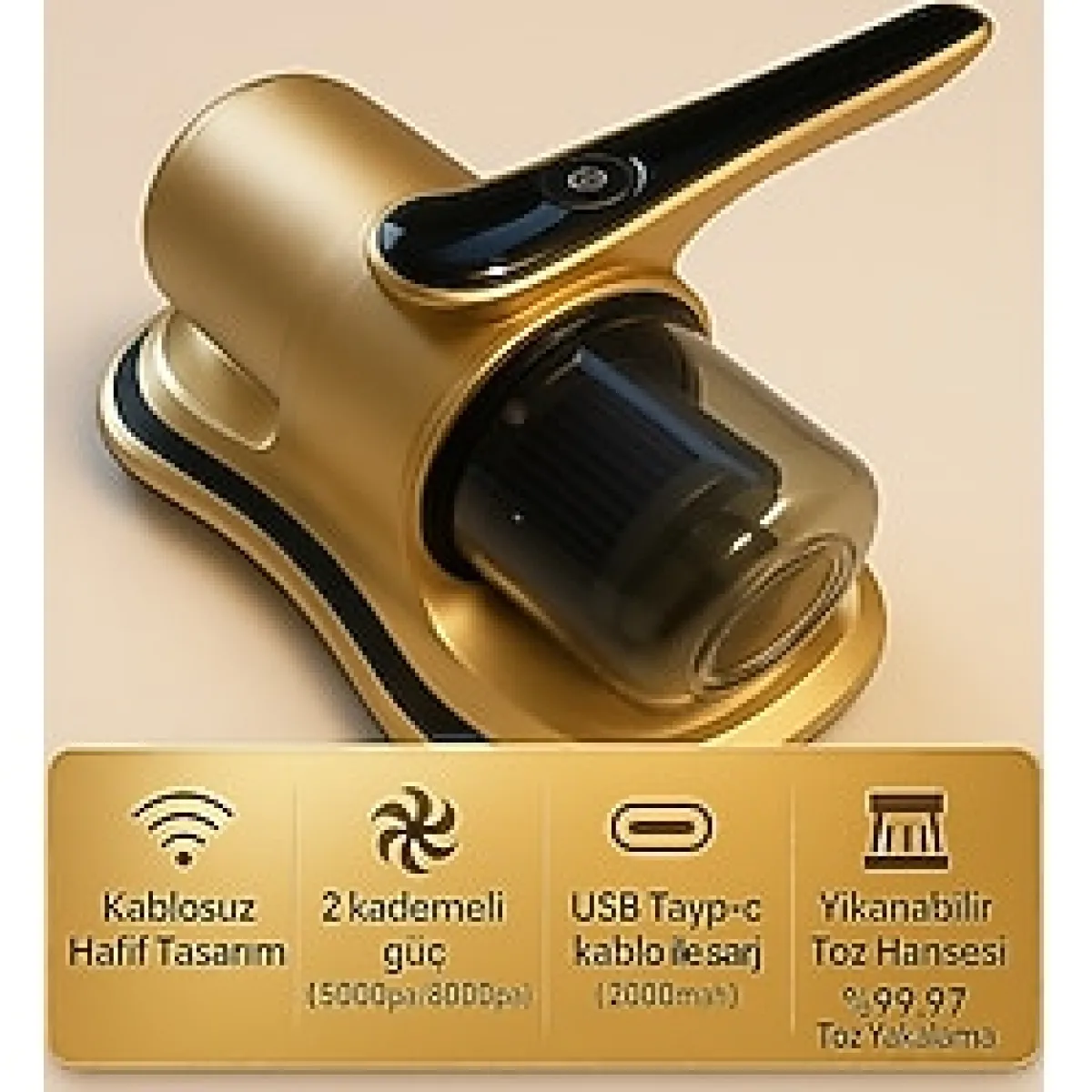 Süpürge Kablosuz Yüksek Emiş Gücüyle Uv-C Sterilize Eden Akar ve Toz Temizleyici - Altın