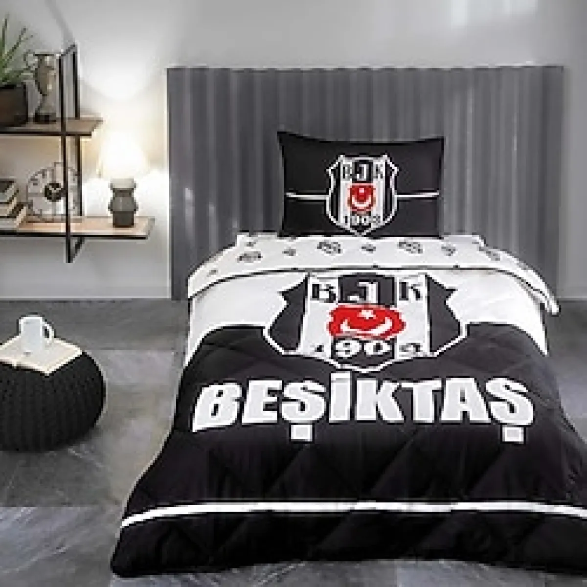 Taç Beşiktaş Logo Tek Kişilik Yorgan Seti Taç Uyku Seti - Siyah - Beyaz