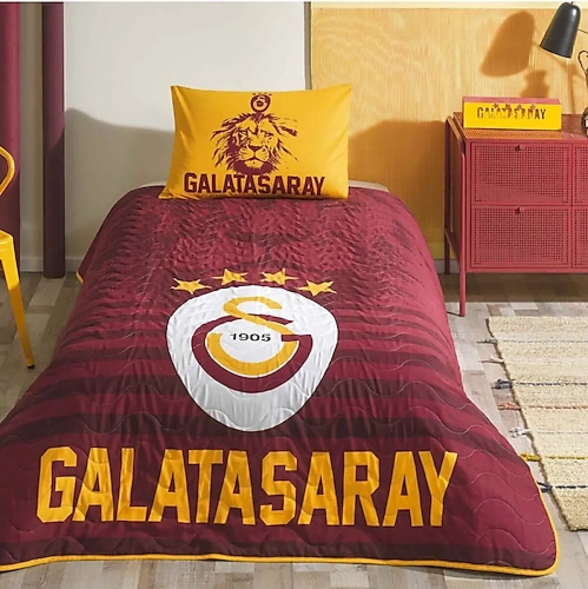Taç Galatasaray Stripe Kapitone Pamuk Tek kişilik Yatak Örtüsü Takımı