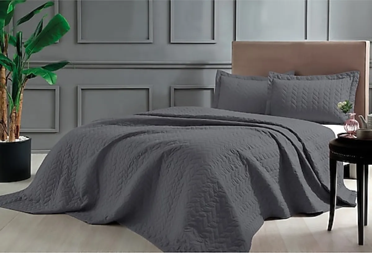 Taç Glory Antrasit Kapitone Çift Kişilik Yatak Örtüsü Takımı