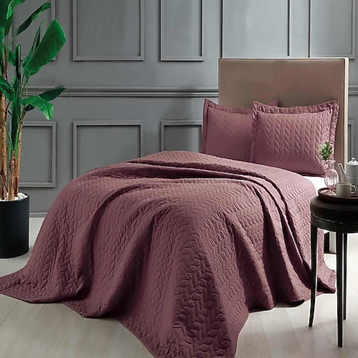 Taç Glory Bordo Kapitone Çift Kişilik Yatak Örtüsü Takımı