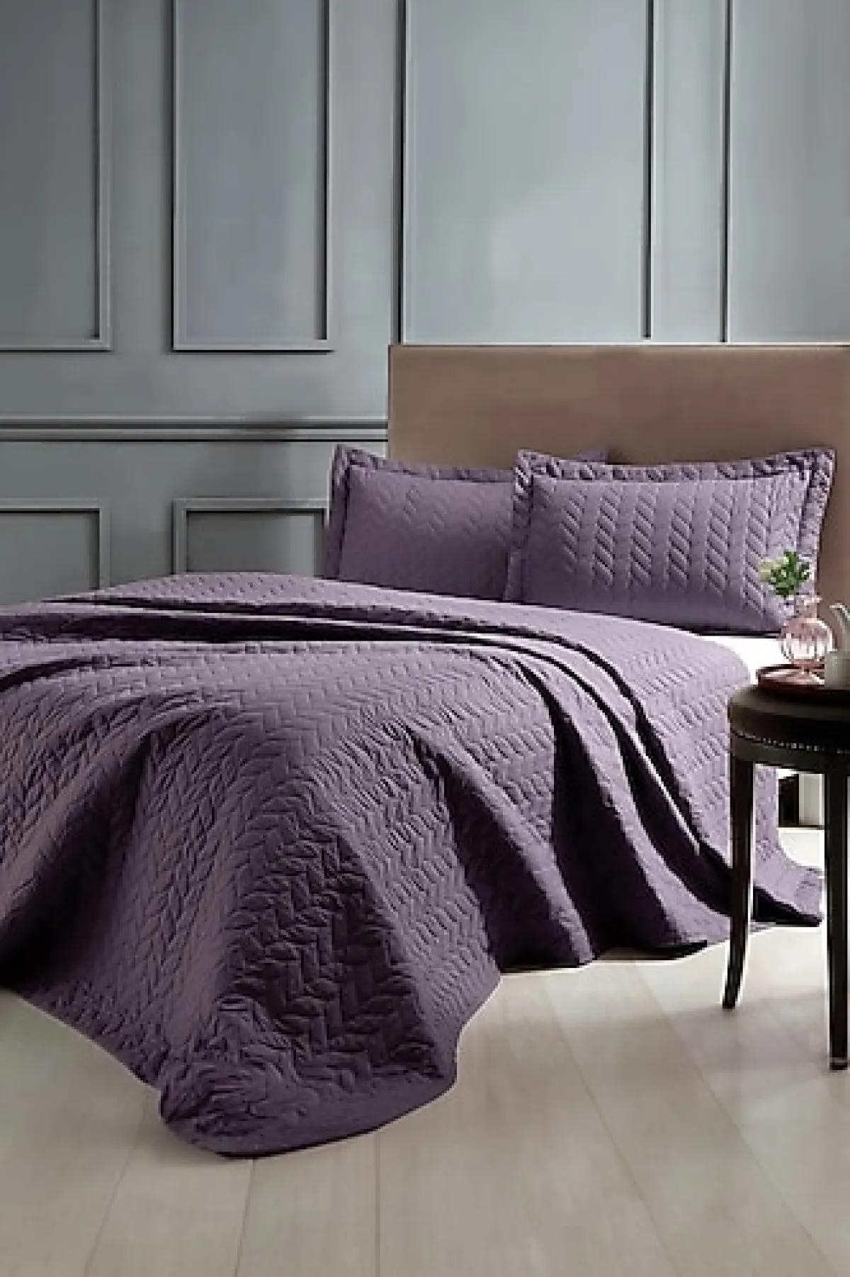 Taç Glory Mürdüm Kapitone Çift Kişilik Yatak Örtüsü Takımı